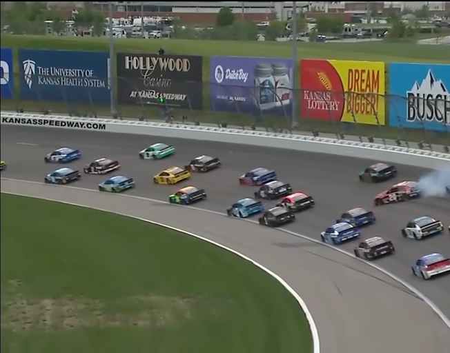 NASCAR cars racing at Kansas Speedway