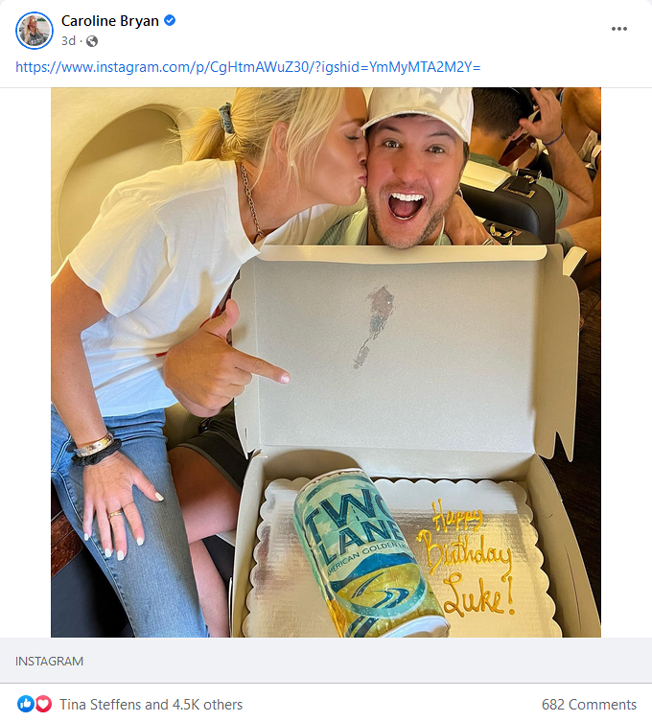 Facebook post of Caroline Bryan giving Luke Bryan a birthday cake (Photo credit: facebook.com/linabryan33)