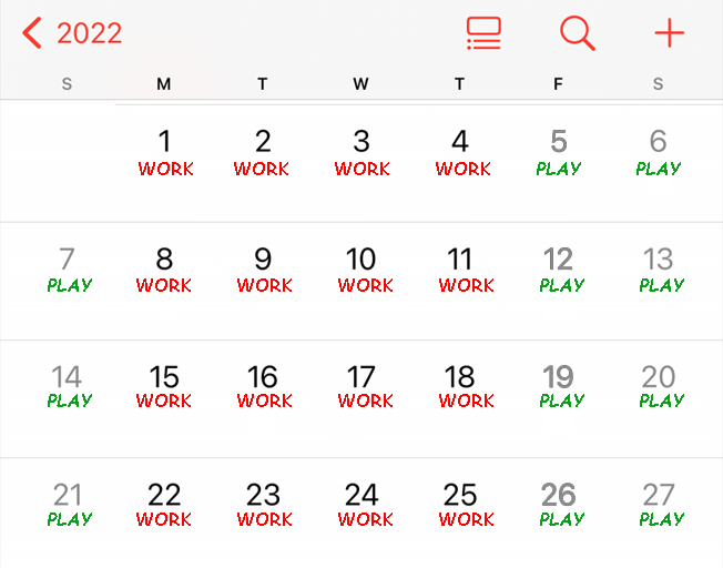 Calendar showing 4-day work week