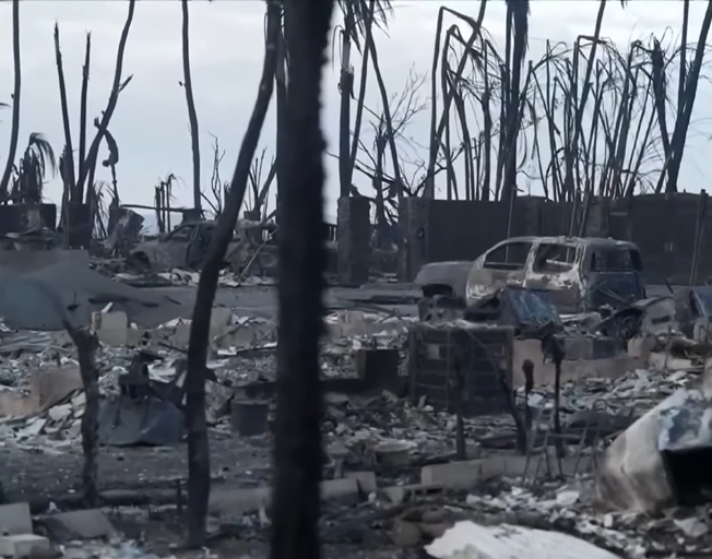 Burnt buildings and cars in Hawaii