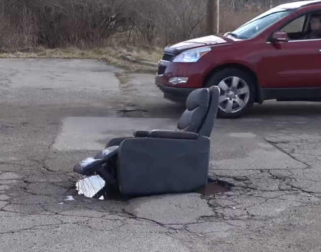 A recliner in a pothole