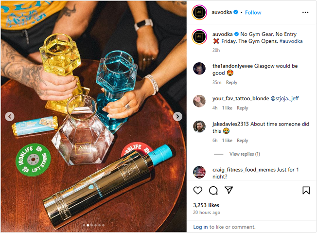 AU Vodka Instagram post about The Gym