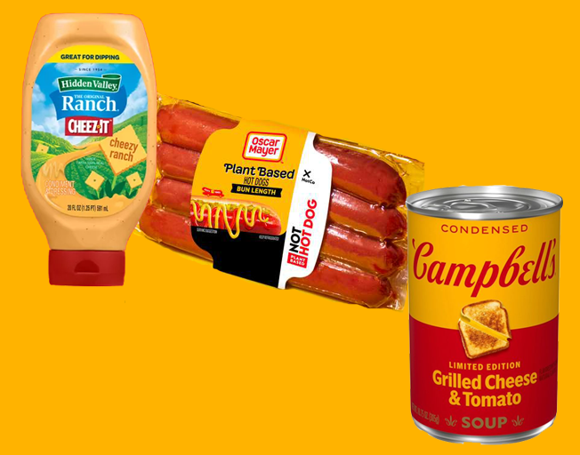 Hidden Valley Ranch-Cheez It, Oscar Mayer Plant Based Hot Dogs and Campbells Grilled Cheese & Tomato Soup