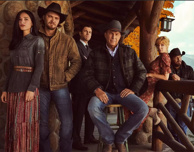'Yellowstone' actors (L-r) Kelsey Asbille, Luke Grimes, Wes Bentley, Kevin Costner, Kelly Reilly, Cole Hauser