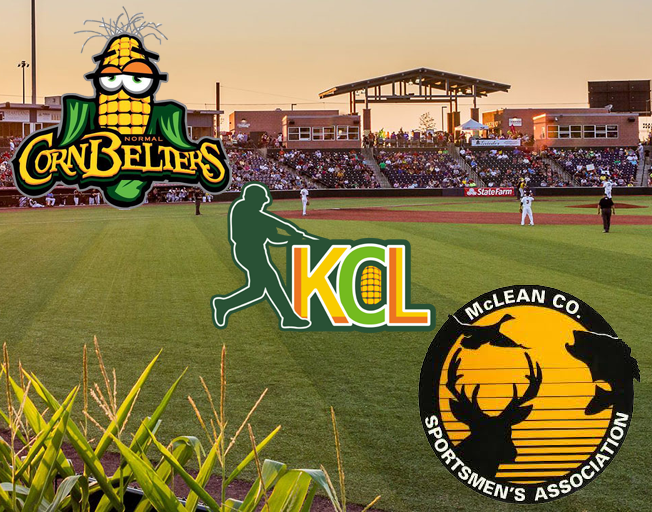 Picture of the Corn Crib baseball stadium with CornBelters, KCL and McLean County Sportsmen's Association logos