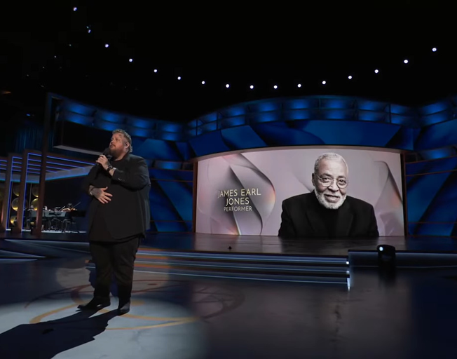 Jelly Roll performing on 2024 Emmys with a picture of James Earl Jones behind him 9-15-24