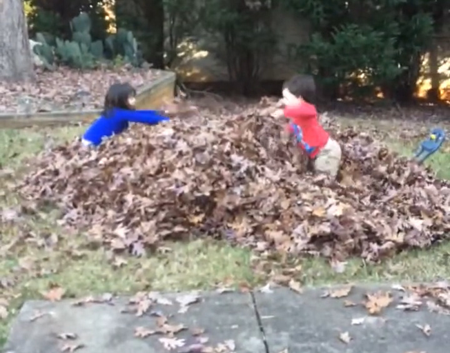 Kids playing in leaves