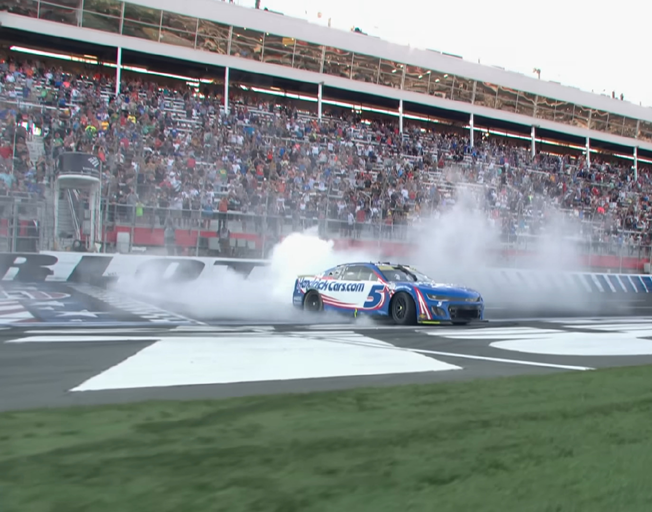 Kyle Larson victory burnout after winning at Charlotte Motor Speedway ROVAL Road Course 10-13-24