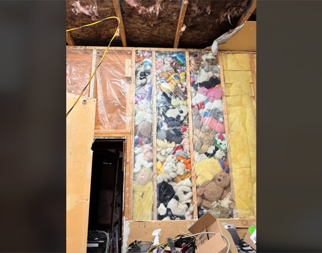 Stuffed animals in the wall of a house